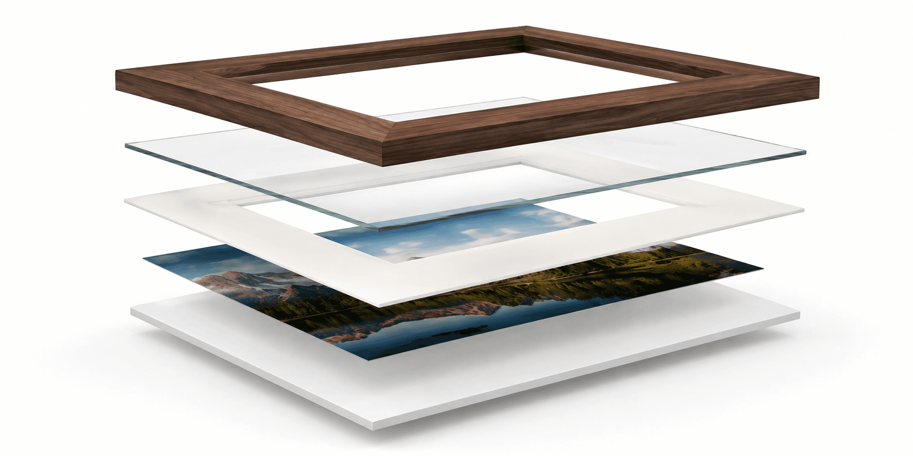 Exploded view of a custom picture frame deconstructed into walnut moulding, acrylic, mat, photograph, backing board, and brass hardware.