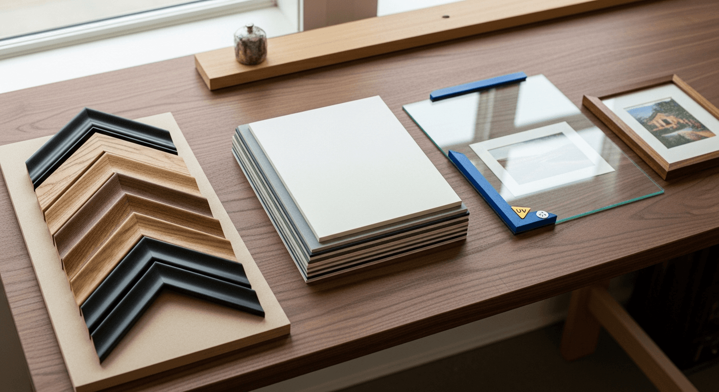 A picture framing workshop bench with wood moulding corner samples, a stack of mat boards, framer's grade acrylic, and a small finished frame.