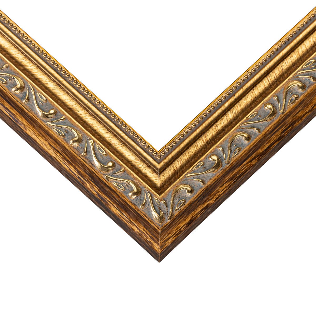 Ornate Gold Frame corner detail showing ornate hand-carved scrollwork pattern with rich gold finish and precision mitered joint craftsmanship