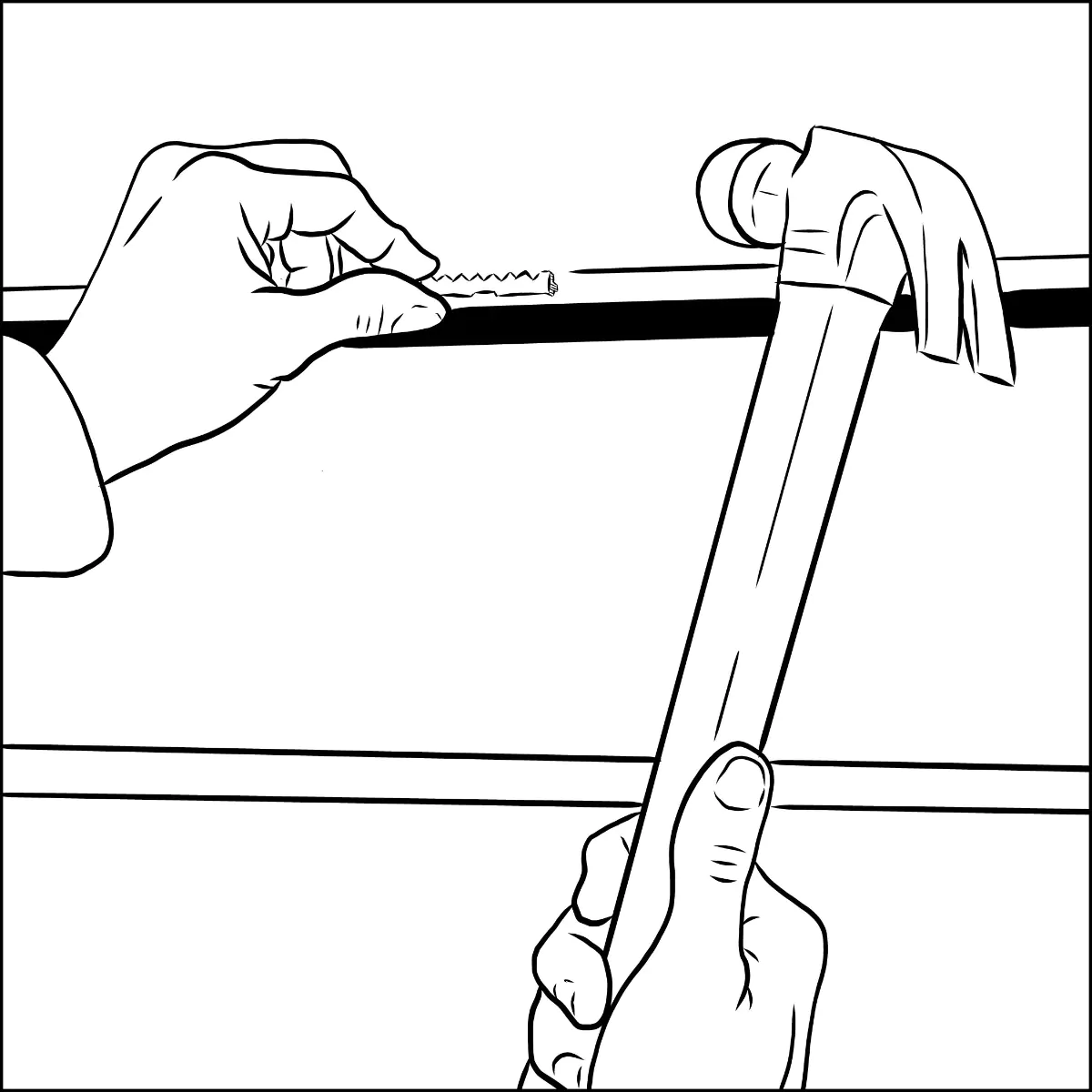 A small hammer lightly tapping the end of a sawtooth hanger to set the nail prong into the back of a picture frame.