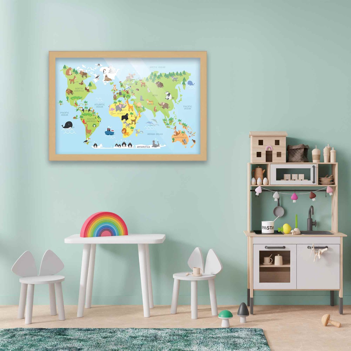 12x18 Framed Nursery Wall Art Animals Around the World Map Poster In ...