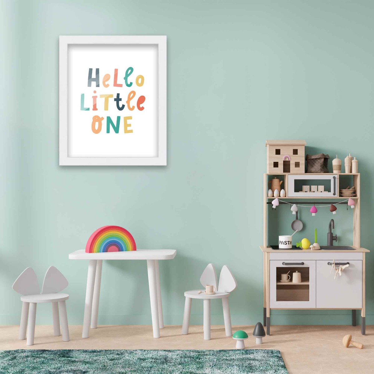 8x10 Framed Colorful Hello Little One Poster In White Wood Frame